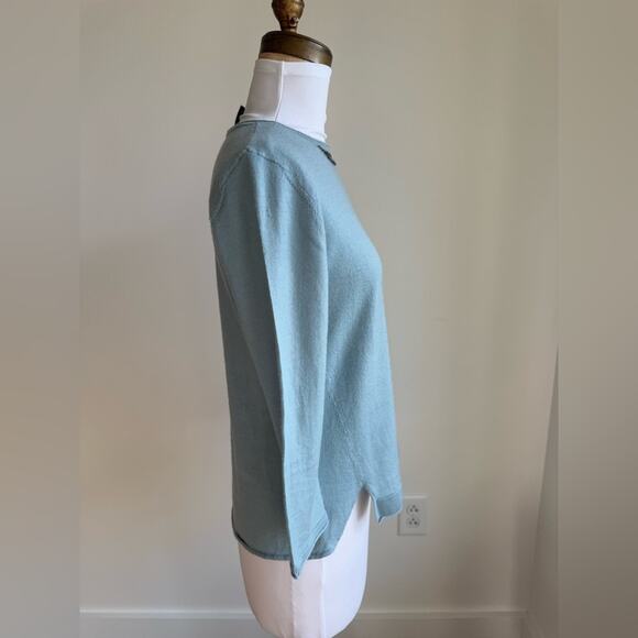 DOROTHEE SCHUMACHER POWDER BLUE WOOL SWEATER 3/4 HARDWARE CUTOUT MEDIUM - Picture 3 of 9